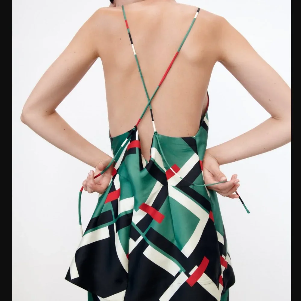 ZARA SATIN GEOMETRIC PRINT STRAPPY OPEN BACK V NECK CAMI TOP
